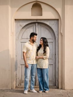 Full Length Editorial Portrait Of Indian Couple In Matching Yellow Tops