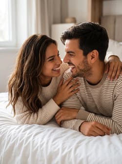 Intimate Indian Couple Lifestyle Portrait in Warm Morning Bedroom
