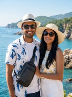 Joyful South Asian Couple on Scenic Tropical Coastal Resort Vacation