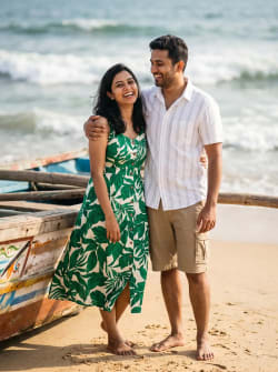 Joyful South Indian Couple Outdoor Beach Portrait Near Fishing Boat