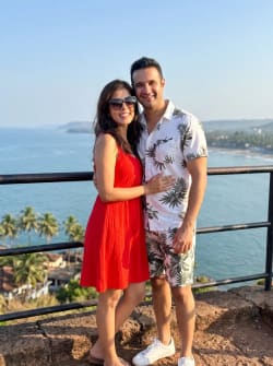 Romantic Indian Couple Portrait on Goa's Coastal Stone Lookout