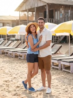 Joyful Indian Couple Posing on Sunny Goa Beach Near Wooden Shack