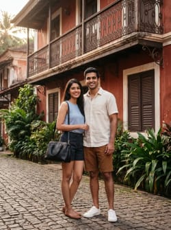 Indian Couple Standing on Cobblestone Street in Fontainhas Goa