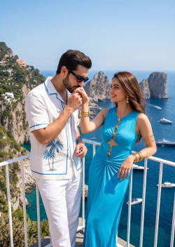 Romantic Couple on Mediterranean Seaside Balcony Overlooking Blue Ocean Waters