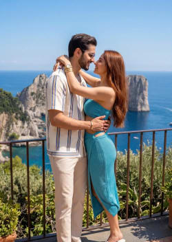 Romantic Couple Embracing on a Balcony Overlooking Coastal Capri Italy