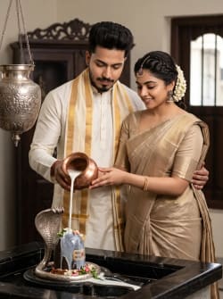 Indian Couple Performing Traditional Shiva Abhishekam Ritual Portrait Photography