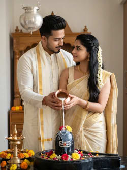 Indian Couple Performing Shiva Abhishek Ritual in Traditional Home Temple