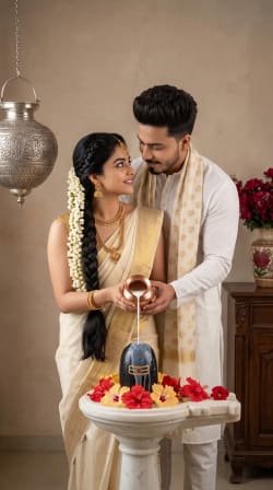 Indian Couple Performing Sacred Shiva Lingam Abhishekam Ritual In Pooja Room