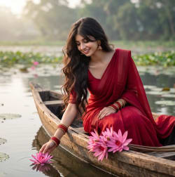 Indian Woman in Red Saree Reaching for Water Lily on Boat