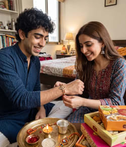 Indian Sister Tying Traditional Rakhi on Brother During Festive Family Celebration