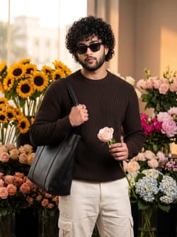 Stylish Indian Man in Brown Knit Sweater Holding Rose in Boutique