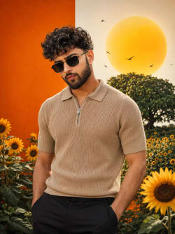 Modern Indian Male Model in Knit Polo With Sunflower Pop Art Background
