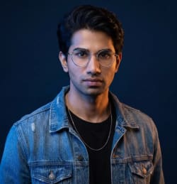 Cinematic Studio Portrait of a Man in Denim Jacket and Glasses