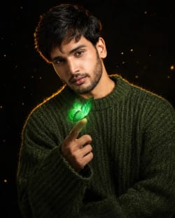 Cinematic Portrait of Young Man in Green Sweater With Glowing Emerald Butterfly