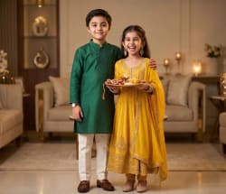 Indian Sibling Raksha Bandhan Celebration Portrait in Festive Traditional Attire