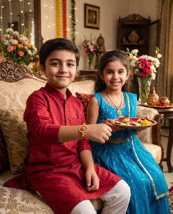 Indian Sibling Portrait Celebrating Raksha Bandhan Festival in Traditional Attire
