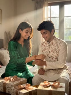 Indian Sister Tying Rakhi on Brother During Raksha Bandhan Festival