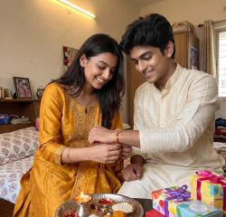 Candid Photo of Indian Sister Tying Rakhi on Brother's Wrist