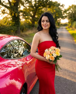 Indian Woman in Red Dress with Flowers Beside Pink Luxury Car