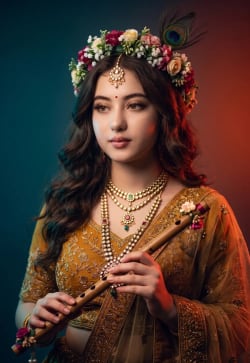 Photorealistic Indian Radha Krishna Inspired Muse Studio Portrait With Flute