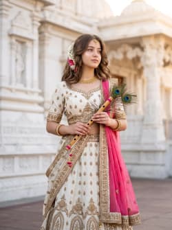 Elegant Indian Woman in White and Gold Lehenga Holding Flute