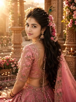 Radha Inspired Indian Woman in Pink Lehenga in Palace Garden