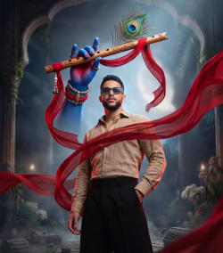 Modern Fashion Portrait with Divine Blue Hand Holding Peacock Flute