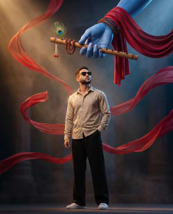 Modern Man Standing Under Divine Blue Hand Holding Krishna Flute