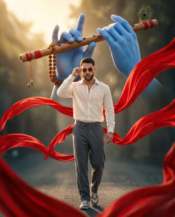 Modern Fashion Editorial Portrait Featuring Divine Blue Hands and Flute