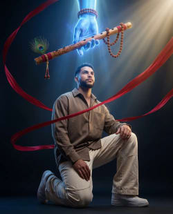 Cinematic Portrait of Man Kneeling Under Divine Blue Hand and Flute