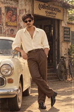 Vintage 1980s Retro Indian Man Leaning On Classic Cream Car