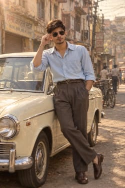 Vintage 1980s Indian Man Leaning Against Classic Car Street Portrait