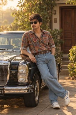 Retro 80s Young Man Leaning on Vintage Black Mercedes Automobile