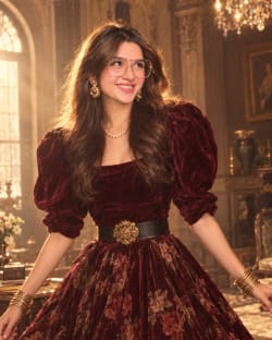 1980s Style Indian Fashion Editorial Portrait in Burgundy Velvet Dress