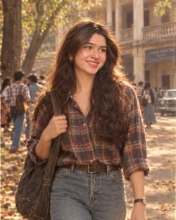 Cinematic 1980s Indian Female Student Walking On Vintage College Campus