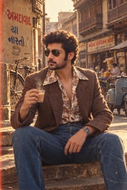1980s Vintage Indian Man Editorial Portrait Drinking Chai On Street