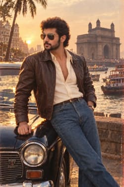 Retro 1980s Indian Man Leaning on Vintage Car in Mumbai Sunset