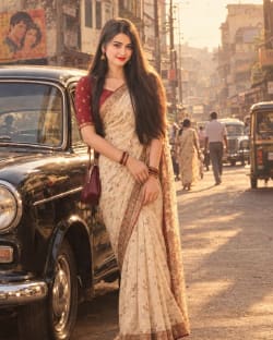 Retro Bollywood Cinematic Portrait of Woman With Vintage Car