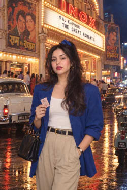 Vintage 1980s Indian Woman Outside Cinema Theater on Rainy Night