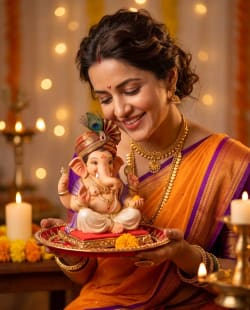 Indian Woman Holding Ganesha Idol During Warm Golden Festive Celebration