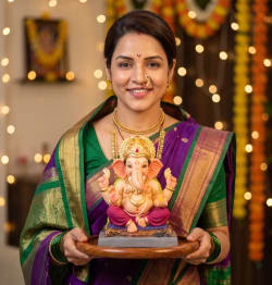 Smiling Indian Woman in Traditional Nauvari Saree Holding Ganesha Idol