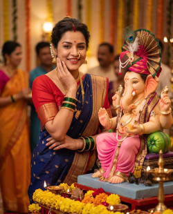 Indian Woman in Nauvari Saree Posing Beside Ganesha Idol During Festival