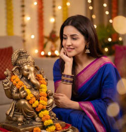 Indian Woman in Saree Looking at Ganesha Idol with Festive Lights