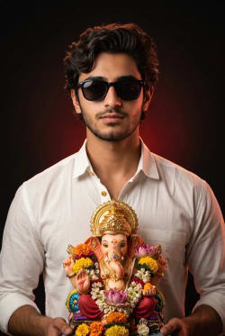 Young Man in Sunglasses Holding Ganesha Idol Studio Portrait Photography