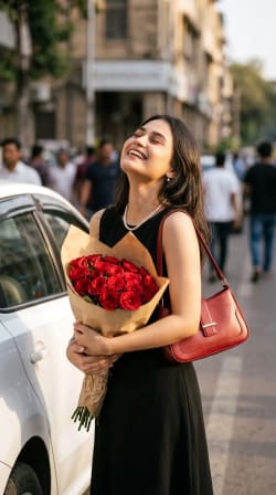 Candid Street Fashion Portrait of Woman Holding Red Roses