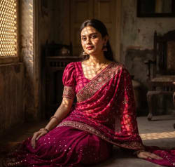 Cinematic Portrait of Indian Woman in Pink Saree with Lattice Shadows