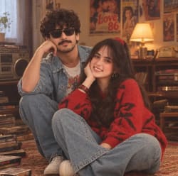 Retro 1980s Living Room Portrait of Young Couple in Denim