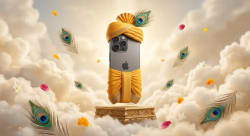 Festive Janmashtami Product Advertisement Featuring Traditional Saffron Safa and Clouds