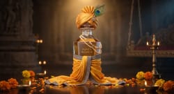 Festive Decorated Perfume Bottle With Saffron Turban And Marigolds