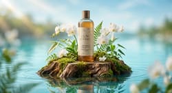 Luxurious Botanical Shampoo Product Advertisement on Floating Mossy Stump